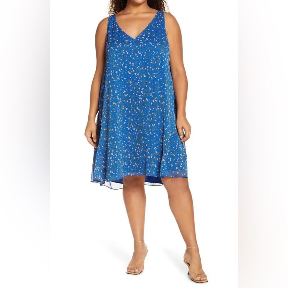 Charles Henry Blue Floral Tank Top Mini Swing Dress